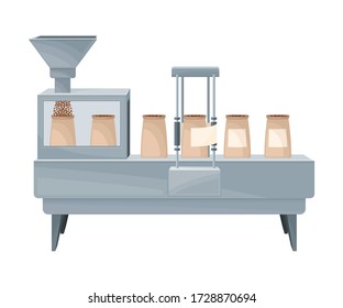 Roasted Coffee Beans Sorting in Paper Bags with Conveyer Belt Vector Illustration