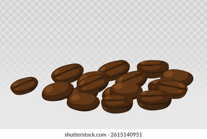 Roasted coffee beans vector pile on light checkered background. Perfect for cafe branding, coffee packaging, and morning drink designs. Simple aromatic bean illustration.