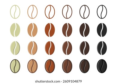 roasted coffee beans,coffee bean icons from light to dark made in various styles and colors
