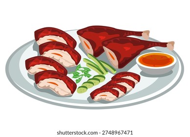 Roasted Duck or chicken on a plate with sauce and vegetables