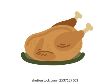 Roasted festive turkey on a plate,Vector illustration in flat style.