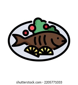 Roasted fish icon. Filled outline design. Roasted fish with grilled vegetables on plate for Thanksgiving or Christmas. For presentation, graphic design. Vector Illustration.