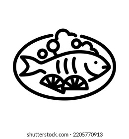 Roasted fish icon. Outline design. Roasted fish with grilled vegetables on plate for Thanksgiving or Christmas. For presentation, graphic design. Vector Illustration.
