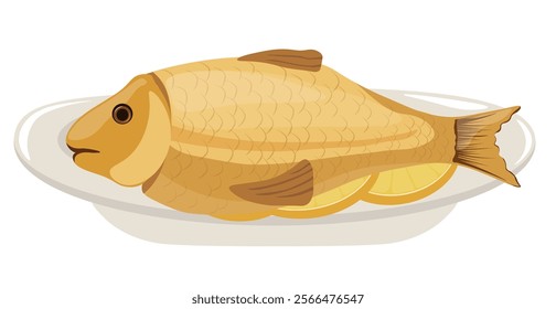 Roasted fish and lemon. Vector stock illustration. isolated on white background. 