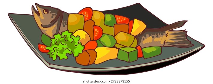 Peixe assado com legumes. Desenho de placa de frutos do mar grelhados