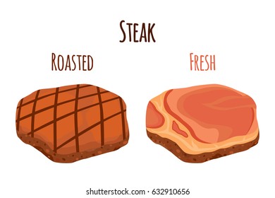 Roasted and fresh steak, beef, pork. Slice of fried and raw meat. Cartoon flat style.