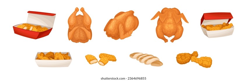 Roasted and Fried Chicken with Leg, Wings, Fillet and Nuggets Vector Set