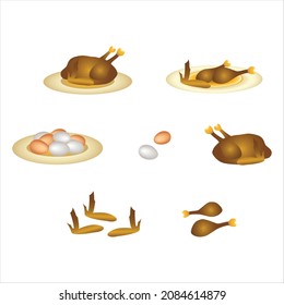 Roasted golden brown chicken or roasted turkey set with whole chicken, wings, legs, white and brown eggs and plates isolated in white background