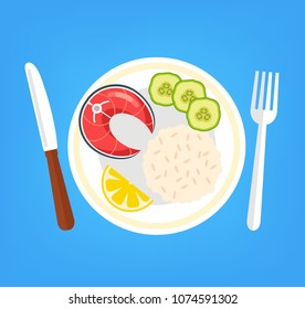 Roasted grilled red fish tuna salmon meat slice piece with vegetable cucumber, lemon and rice. Sea food prepared cooking top view concept. Vector flat cartoon design graphic isolated illustration