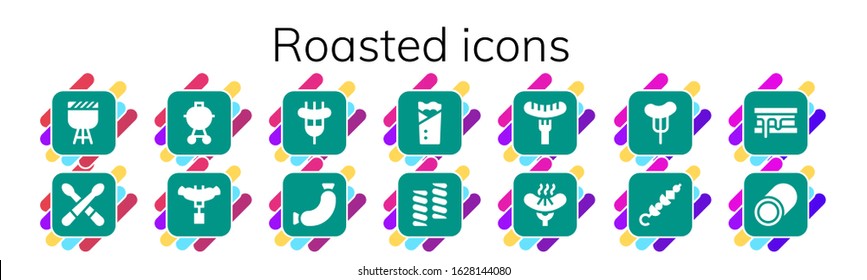 roasted icon set. 14 filled roasted icons.  Simple modern icons such as: Barbecue, Drumsticks, Sausage, Kebab, Marshmallow, Skewer, Smore
