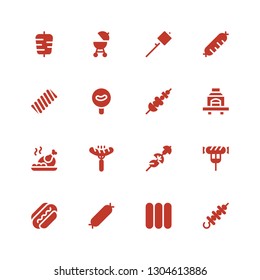 roasted icon set. Collection of 16 filled roasted icons included Skewer, Sausages, Sausage, Roast chicken, Barbecue, Marshmallow, Kebab
