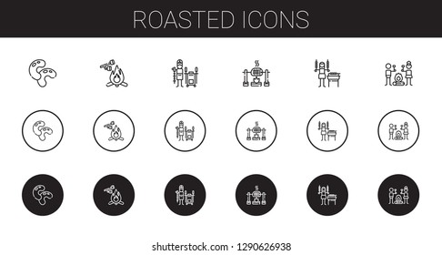 roasted icons set. Collection of roasted with beans, marshmallow, tandoor, roast, shashlik, smore. Editable and scalable roasted icons.