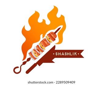 Roasted kebab shashlik on skewer with fire bbq grilled food logo design vector illustration on white background