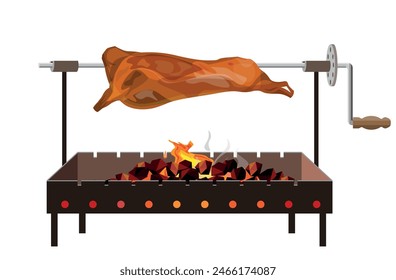 Roasted lamb or beef on a spit. Grill meat dish. Vector illustration isolated on a white background