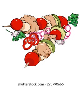 Roasted Marinated Grilled Fried Meat, Organic Green Vegetables, Garlic Herb Onion Tomato Zucchini Garnish