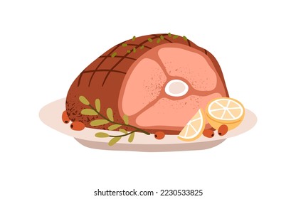 Roasted meat, glazed ham with bone. Festive grilled pork garnished with lemon, berries. Holiday meal, cooked food served on plate for Christmas. Flat vector illustration isolated on white background