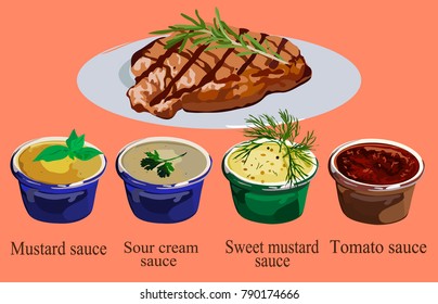 roasted meat on a plate with different kinds of sauce: satsebels, mushroom sauce, Tomato sauce, cheese sauce 