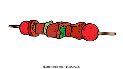 Roasted meat, onion and sweet pepper on the skewer Vector illustration isolated on white background