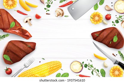 Roasted meat realistic frame composition with empty space surrounded by meat slices mushrooms spices and corn vector illustration