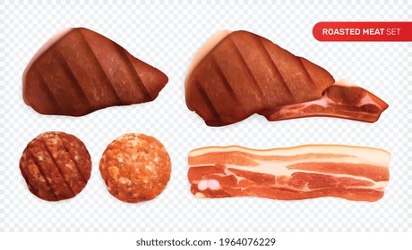 Roasted meat realistic set with images of steaks with sausage slices and bacon on transparent background vector illustration