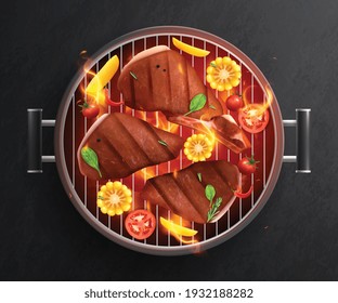 Geröstetes Fleischgemüse bbq Grill realistische Zusammensetzung mit Draufsicht Topf mit Scheiben von Fleischgemüse Vektorgrafik