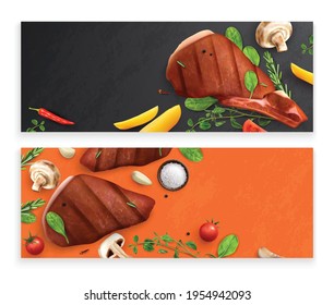 Roasted meat vegetables bbq grill set of two horizontal banners with realistic images of meat steaks vector illustration