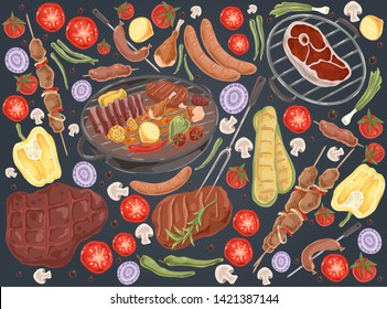 Roasted meat with vegetables, grilled steak, shashlik, chicken legs, cooked ribs, grilled sausages, tasty bbq set