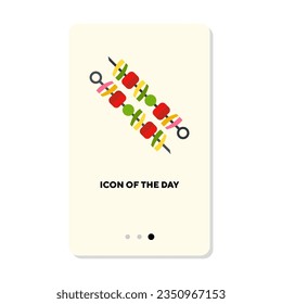 Roasted meat and vegetables on skewer flat icon. Vertical sign or vector illustration of delicious dish or cuisine element. Food, cooking, culinary, diet concept for web design and apps