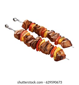 Roasted on fire BBQ food. Realistic vector illustration of traditional cooking of steaks, barbecue, kebab and shashlik. Grilled and skewer meat and vegetables for parties.