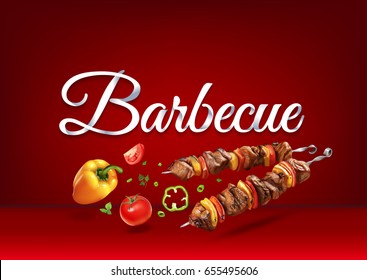 Roasted on fire BBQ food. Realistic vector illustration of traditional cooking of steaks, barbecue, kebab and shashlik. Grilled and skewer meat and vegetables for parties.