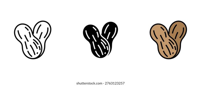 Cacahuete asado en icono de cáscara en línea de arte, negro sólido y color marrón natural para bocadillos saludables, mantequilla de nueces y conceptos de alimentos proteicos. Ilustración vectorial.