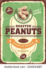 Roasted peanuts retro advertising sign label design template on old scratched background. Vintage food poster layout for salted peanut snacks. Vector illustration for grocery product.