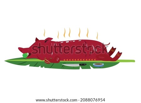 Roasted Pig or Lechon de Leche on Banana Leaves. Editable Clip Art.