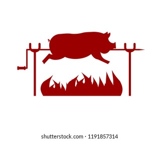 Roasted Pig on spit. Pork on fire. Vector illustration