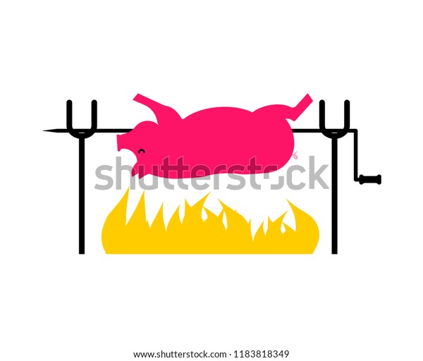 Roasted\
Pig on spit. Pork on fire. Vector\
illustration\
