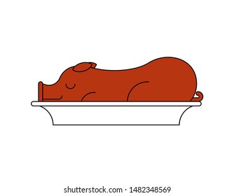 Roasted pig in plate. grilled pig. vector illustration