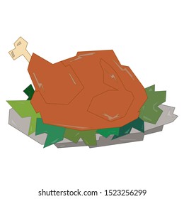 Roasted poultry on plate decorated with lettuce. Thanksgiving turkey in flat cartoon vector style, isolated on white background.