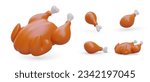 Roasted poultry vector icons set. Baked turkey. Chicken and drumsticks barbecue. Cooked spicy duck. Colored icons on white background. Image with reflections and shadows. Meat menu recipes