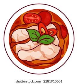 Vector de la receta de la receta del pato rojo asado curry thai. Vista superior del icono del thai de la sopa de curry de pato asiático. Caricatura de la vista superior del curry rojo (Kaeng Phed Ped Yang). Vector de la vista superior del icono del menú de comida tailandesa.