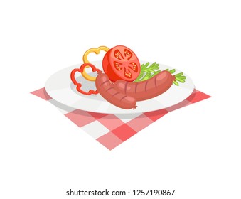 Roasted sausages served on plate. Wurst with sliced pepper rings half tomato herbs. Barbecue bratwurst with vegetables veggies isolated icon vector