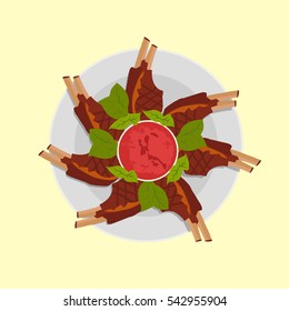 Roasted sliced barbecue pork ribs with souse and basil. isolated on white background. Flat vector stock illustration