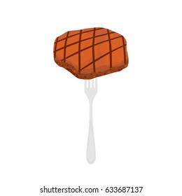 Roasted steak, beef, pork for breakfast on fork. Slice of fried meat. Cartoon flat style.
