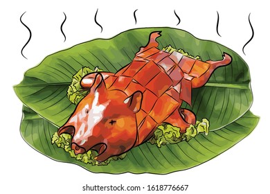 Roasted suckling pig or barbecued suckling pig grill food on banana leaf
and salad.