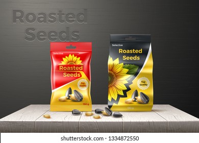 Roasted sunflower seeds. Package design. Advertising banner. Dark wooden background. Realistic Vector Illustration