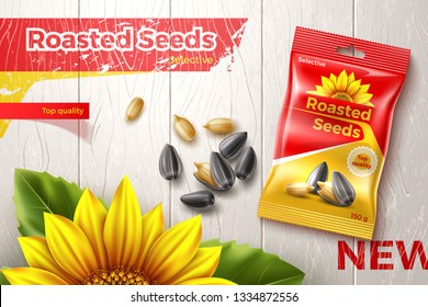 Roasted sunflower seeds. Package design. Advertising banner. White wooden background. Realistic vector illustration