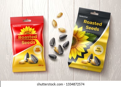 Roasted sunflower seeds. Package design. Advertising banner. White wooden background. Realistic vector illustration