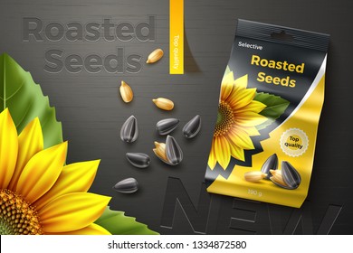 Roasted sunflower seeds. Package design. Advertising banner. Dark wooden background. Realistic vector illustration