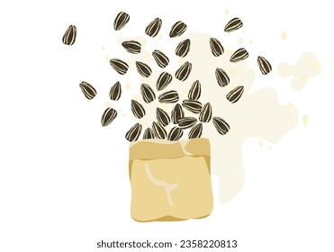 Roasted sunflower seeds are popping out of an eco-friendly paper bag. Organic food isolated on a white background Vector illustration easy to fix.