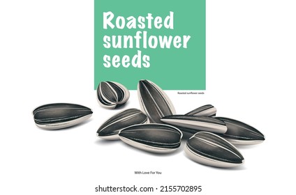 Roasted sunflower seeds. Vector image. Striped seed. Useful eco product.