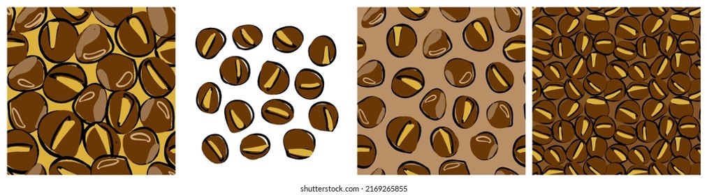 Roasted sweet chestnut clipart and background. Traditional winter snack, Christmas street food, delicious nut seamless pattern for product packaging print. Vector design in abstract trendy style.